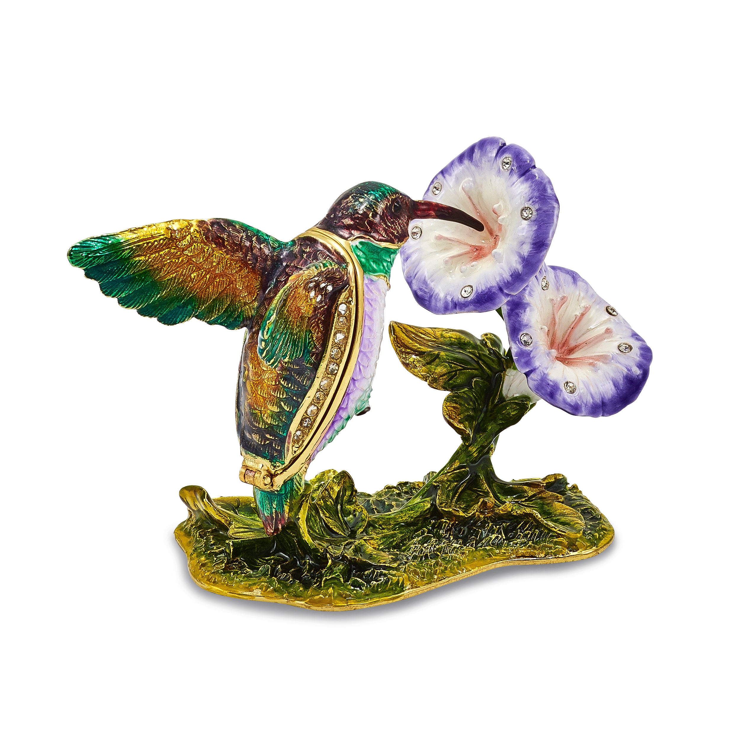 Luxury Giftware Pewter Bejeweled Crystals Gold-tone Enameled STELLA Hummingbird & Morning Glory Trinket Box with Matching 18 Inch Necklace