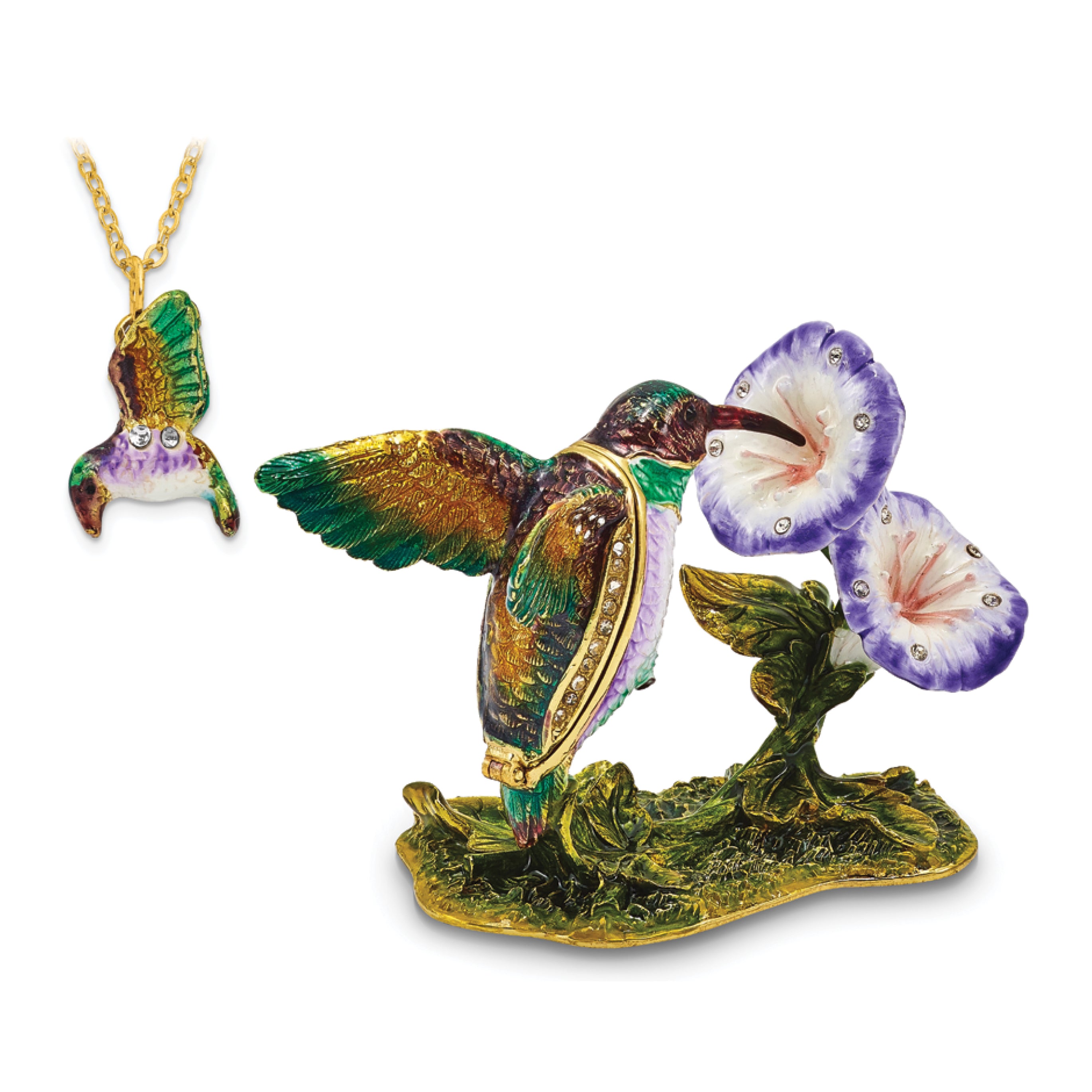 Luxury Giftware Pewter Bejeweled Crystals Gold-tone Enameled STELLA Hummingbird & Morning Glory Trinket Box with Matching 18 Inch Necklace