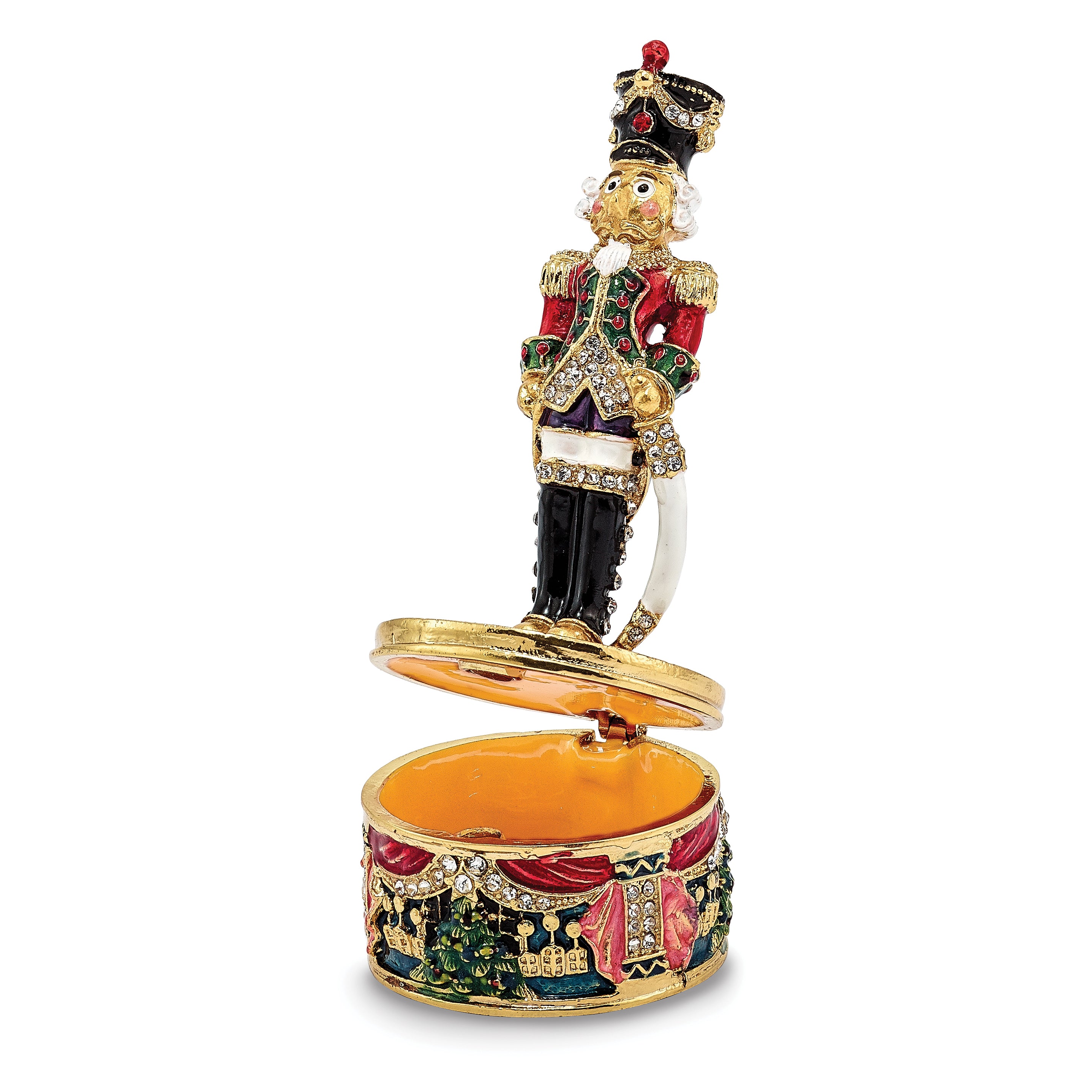 Luxury Giftware Pewter Bejeweled Crystals Gold-tone Enameled CHRISTOPH Nutcracker Trinket Box with Matching 18 Inch Necklace