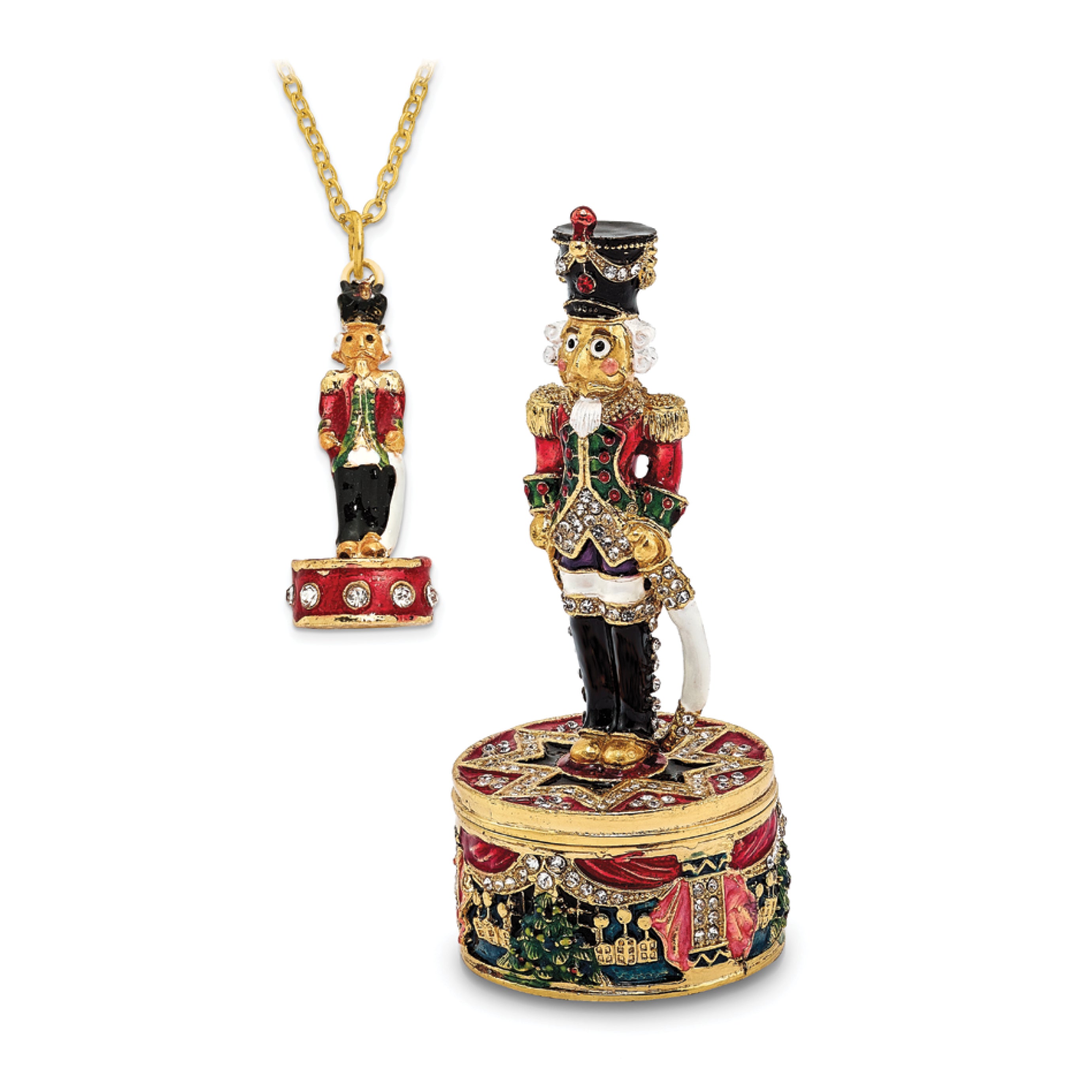 Luxury Giftware Pewter Bejeweled Crystals Gold-tone Enameled CHRISTOPH Nutcracker Trinket Box with Matching 18 Inch Necklace