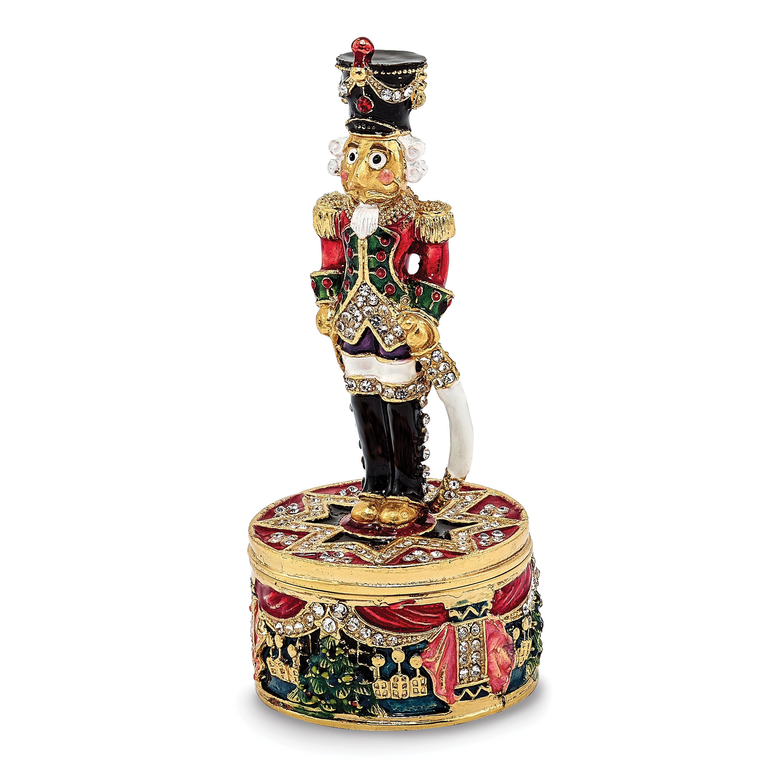 Luxury Giftware Pewter Bejeweled Crystals Gold-tone Enameled CHRISTOPH Nutcracker Trinket Box with Matching 18 Inch Necklace