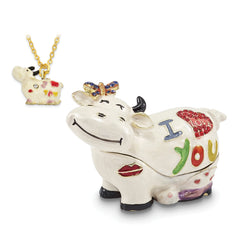 Luxury Giftware Pewter Bejeweled Crystals Gold-tone Enameled I LOVE YOU Cow Trinket Box with Matching 18 Inch Necklace