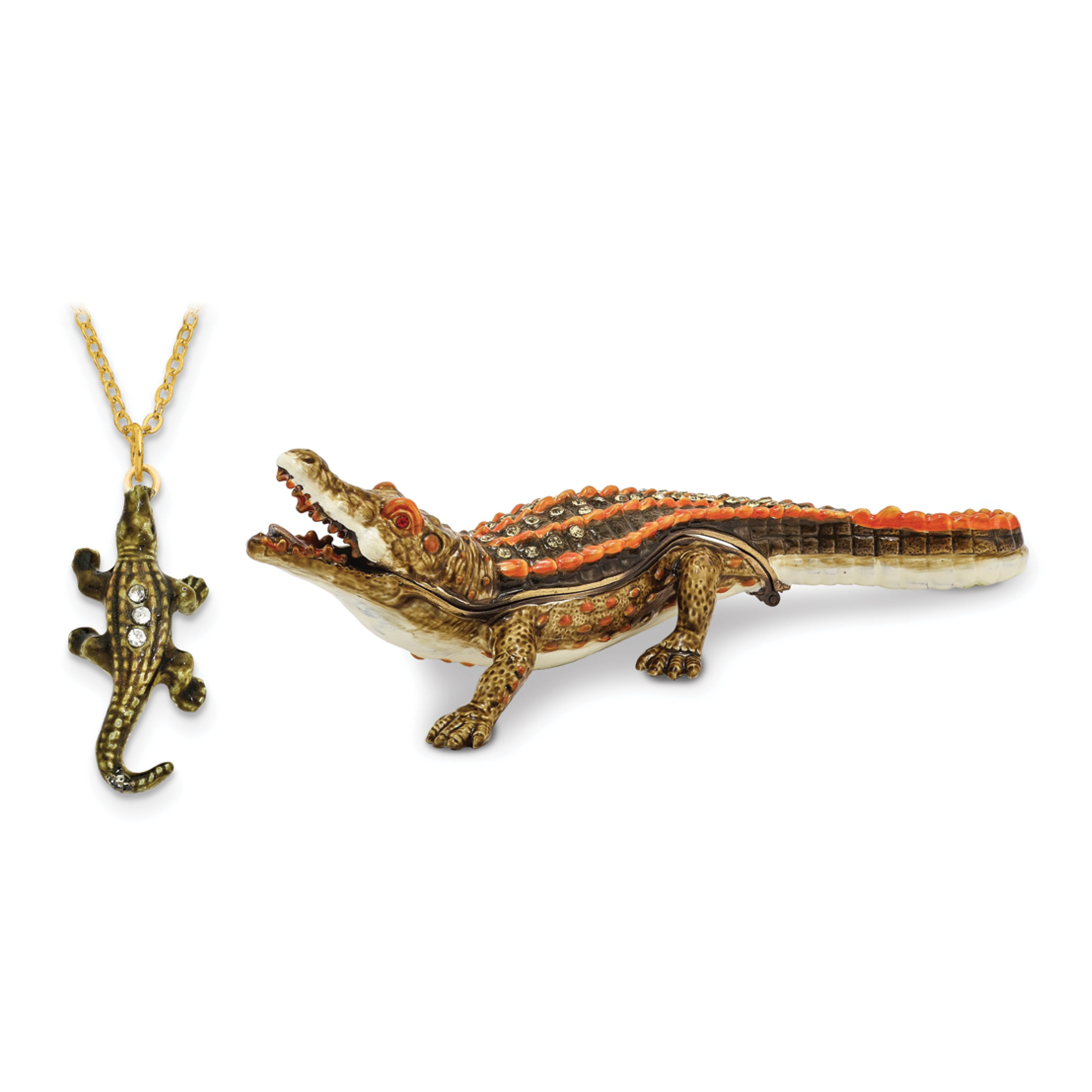 Luxury Giftware Pewter Bejeweled Crystals Gold-tone Enameled ALLIE Alligator Trinket Box with Matching 18 Inch Necklace