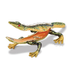 Luxury Giftware Pewter Bejeweled Crystals Gold-tone Enameled ROCKY Rain Forest Lizard Trinket Box with Matching 18 Inch Necklace