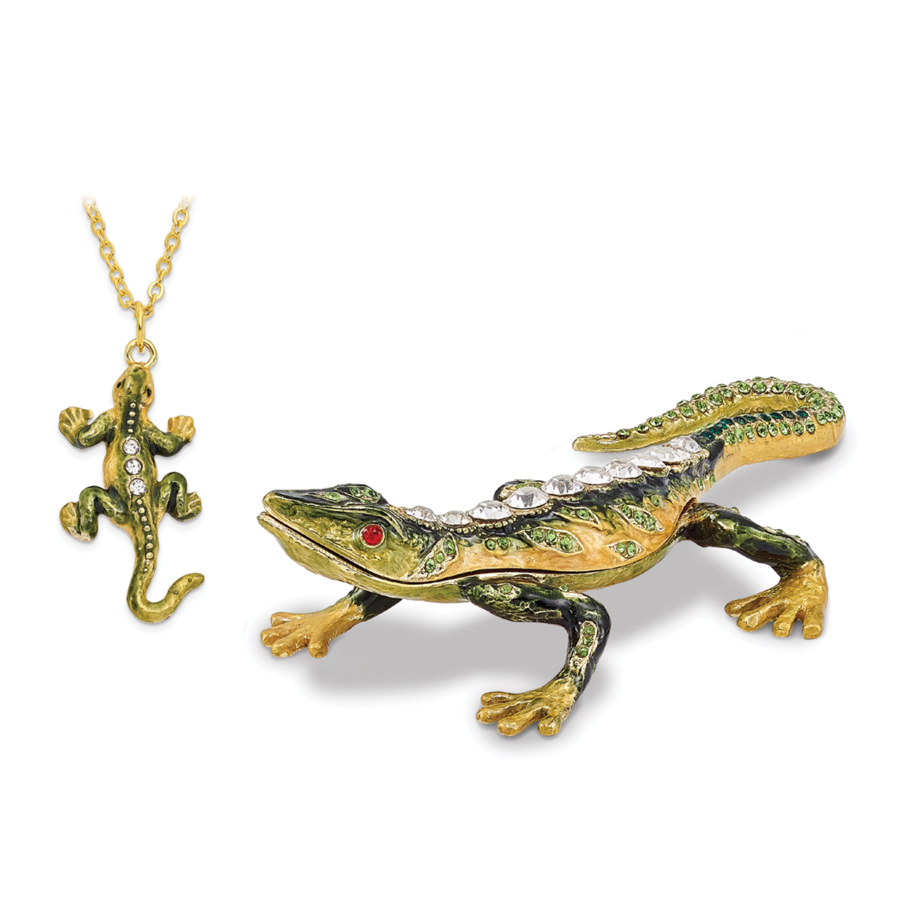 Luxury Giftware Pewter Bejeweled Crystals Gold-tone Enameled ROCKY Rain Forest Lizard Trinket Box with Matching 18 Inch Necklace