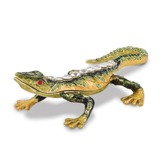 Luxury Giftware Pewter Bejeweled Crystals Gold-tone Enameled ROCKY Rain Forest Lizard Trinket Box with Matching 18 Inch Necklace