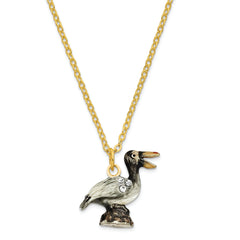 Luxury Giftware Pewter Bejeweled Crystals Gold-tone Enameled PATSY Pelican on Rocks Trinket Box with Matching 18 Inch Necklace