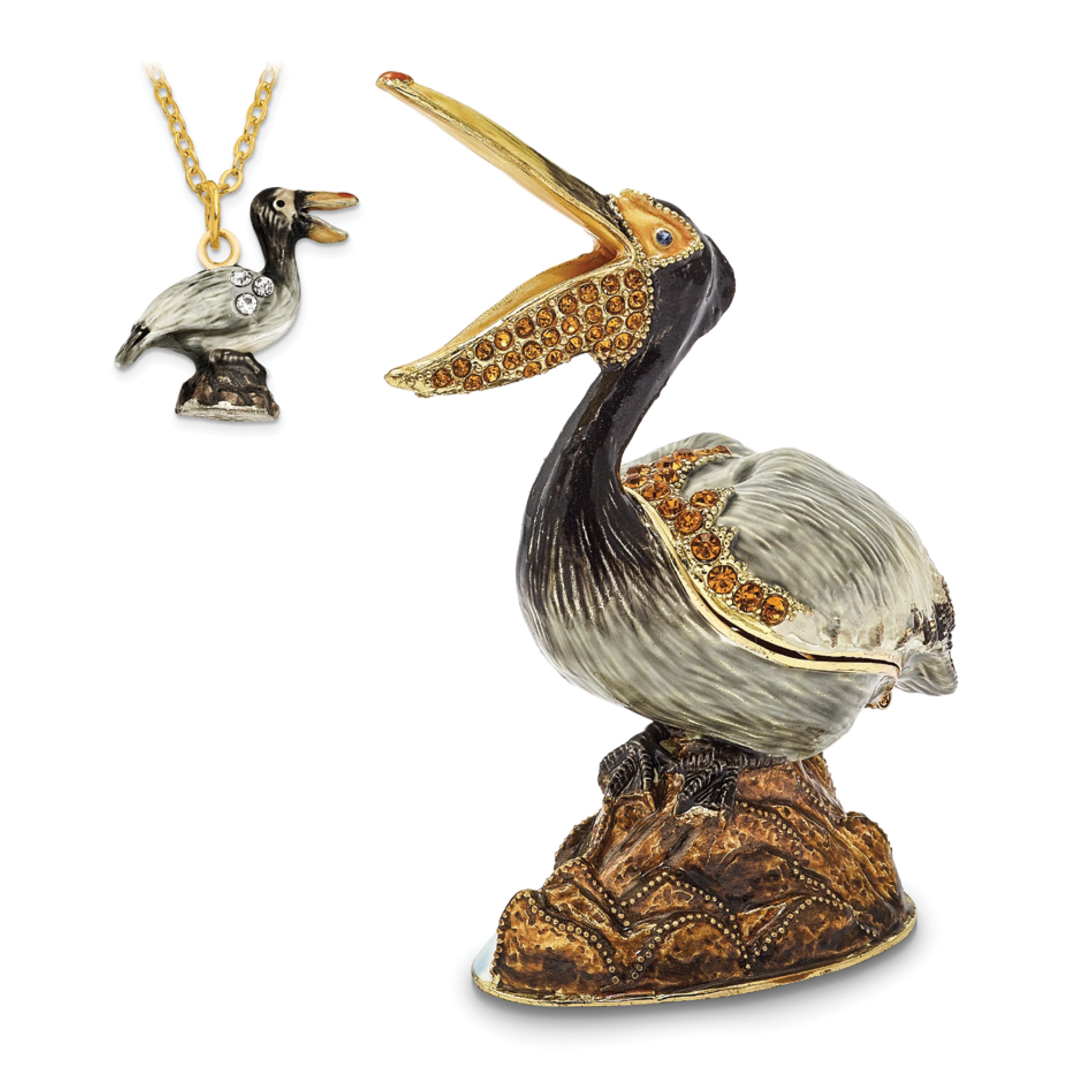 Luxury Giftware Pewter Bejeweled Crystals Gold-tone Enameled PATSY Pelican on Rocks Trinket Box with Matching 18 Inch Necklace