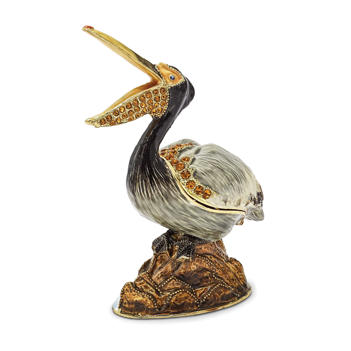 Luxury Giftware Pewter Bejeweled Crystals Gold-tone Enameled PATSY Pelican on Rocks Trinket Box with Matching 18 Inch Necklace