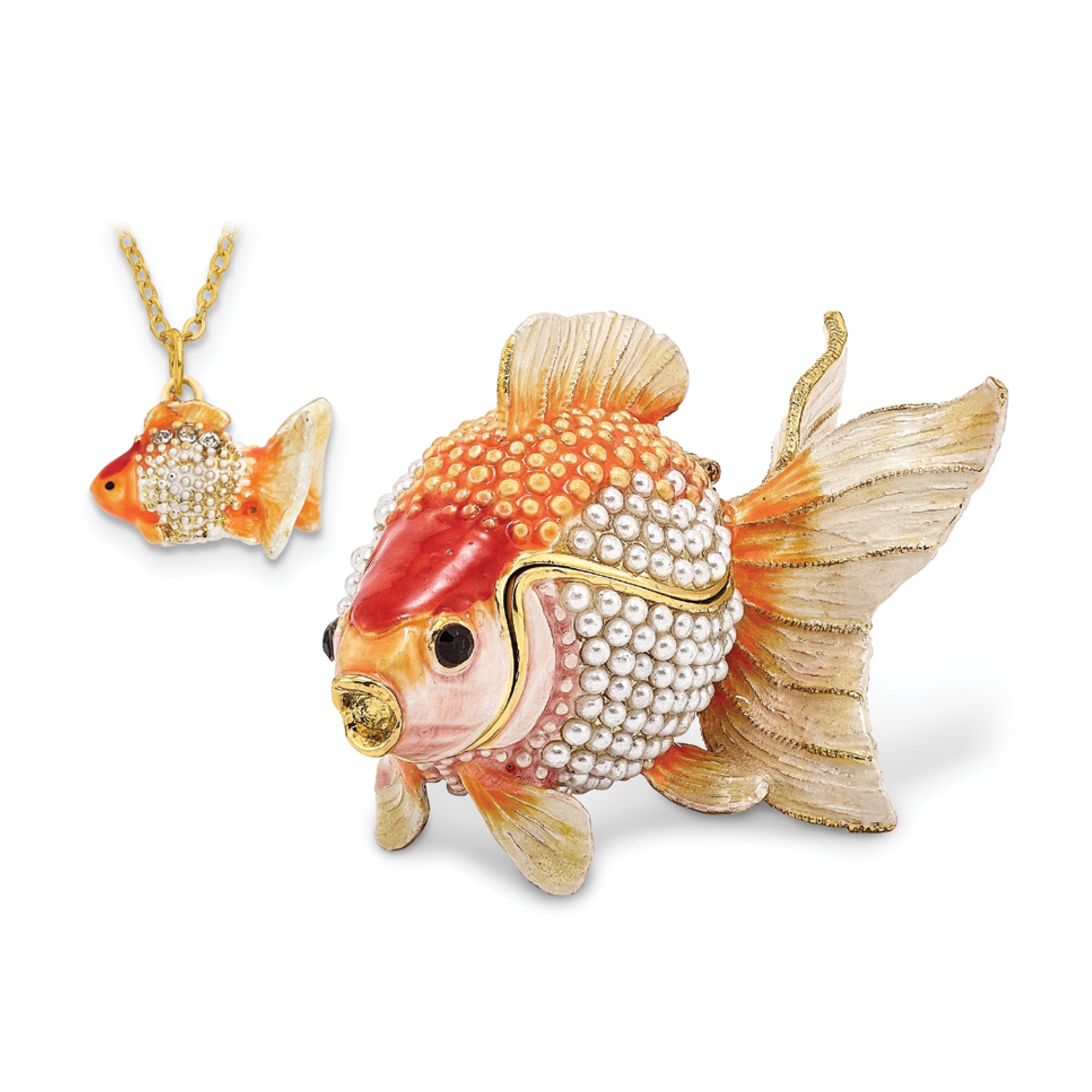 Luxury Giftware Pewter Bejeweled Imitation Pearls and Crystals Gold-tone Enameled KATIE Kissing Fish Trinket Box with Matching 18 Inch Necklace