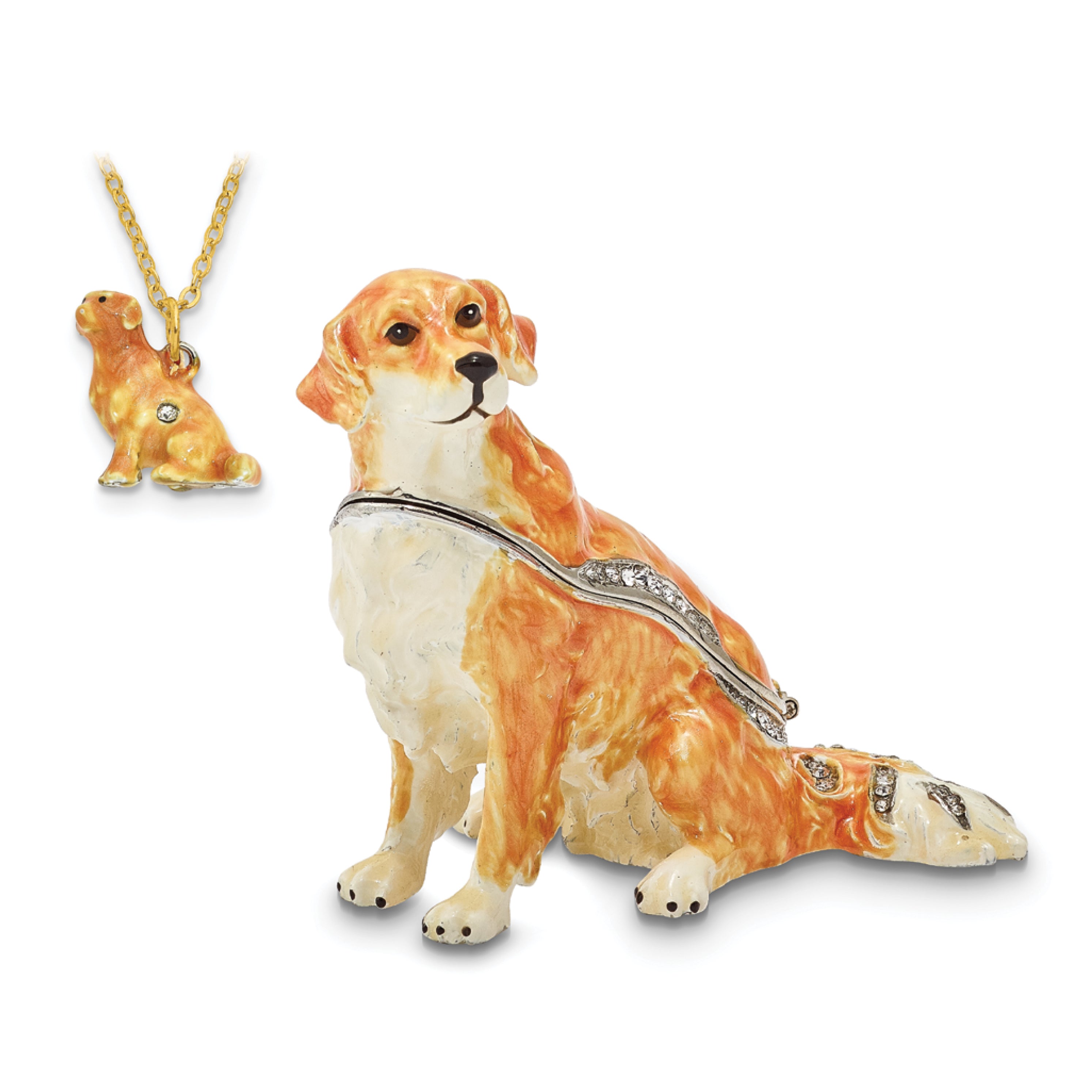 Luxury Giftware Pewter Bejeweled Crystals Silver-tone Enameled GOLDIE Golden Retriever Trinket Box with Matching 18 Inch Necklace