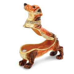 Luxury Giftware Pewter Bejeweled Crystals Gold-tone Enameled OSCAR Dachshund Trinket Box with Matching 18 Inch Necklace