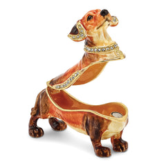 Luxury Giftware Pewter Bejeweled Crystals Gold-tone Enameled OSCAR Dachshund Trinket Box with Matching 18 Inch Necklace