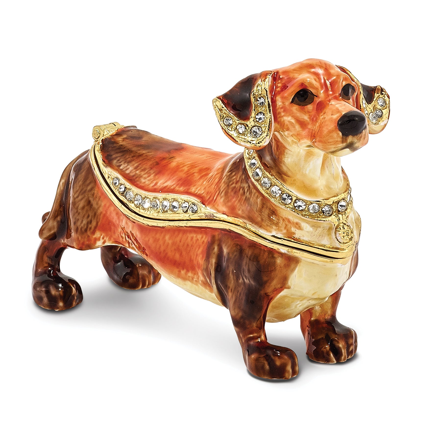 Luxury Giftware Pewter Bejeweled Crystals Gold-tone Enameled OSCAR Dachshund Trinket Box with Matching 18 Inch Necklace