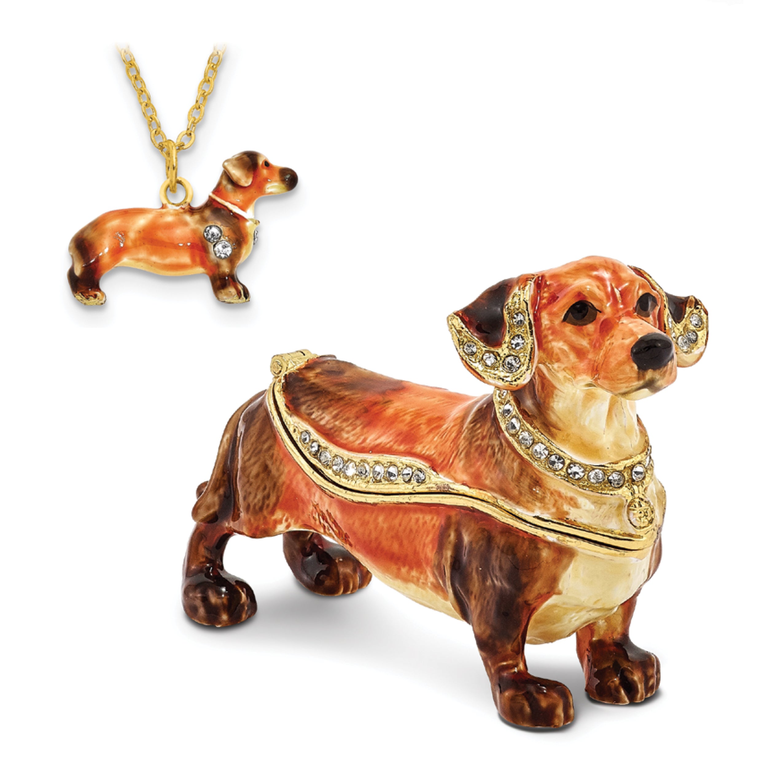 Luxury Giftware Pewter Bejeweled Crystals Gold-tone Enameled OSCAR Dachshund Trinket Box with Matching 18 Inch Necklace