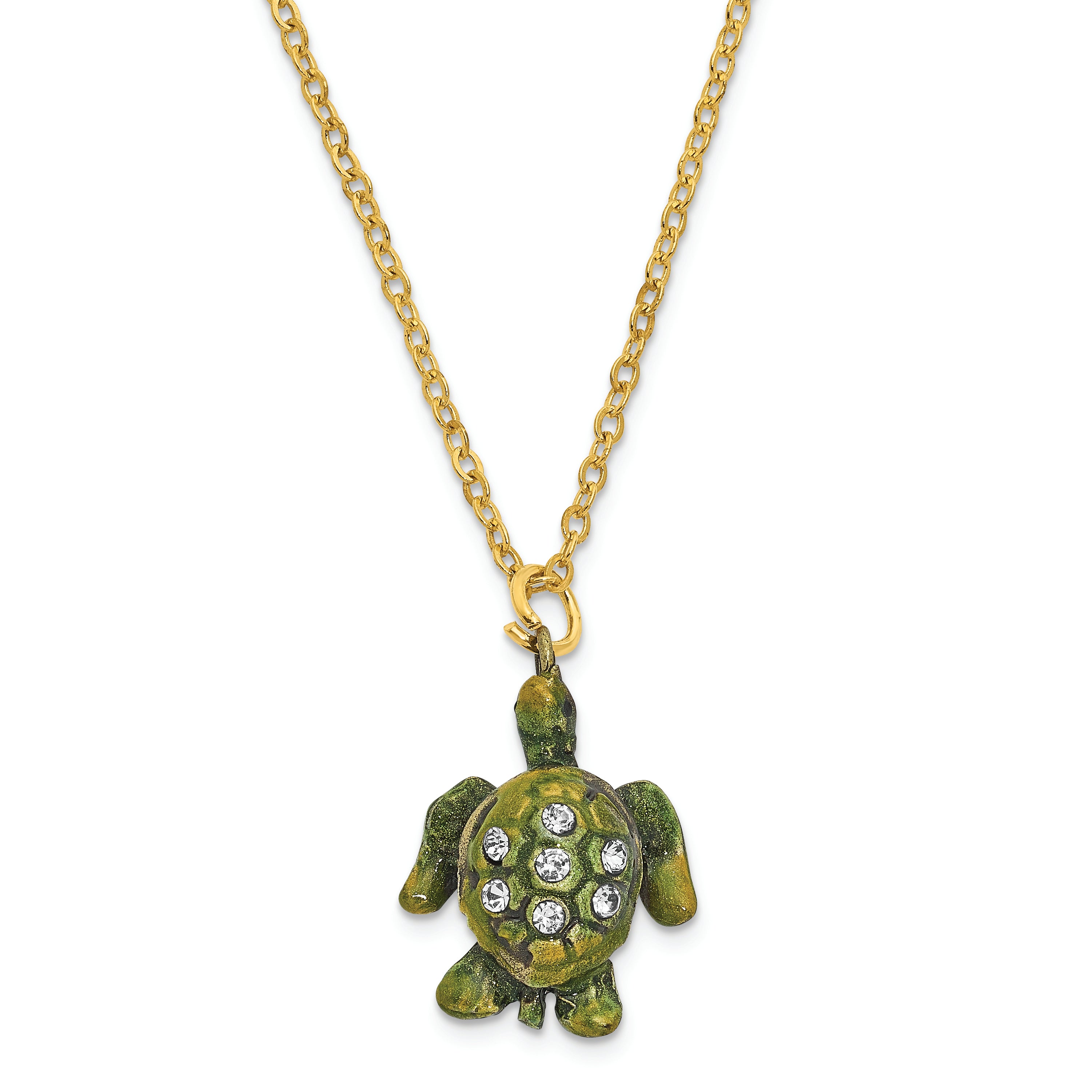 Luxury Giftware Pewter Bejeweled Crystals Gold-tone Enameled ROXY Reef Dweller Sea Turtle Trinket Box with Matching 18 Inch Necklace