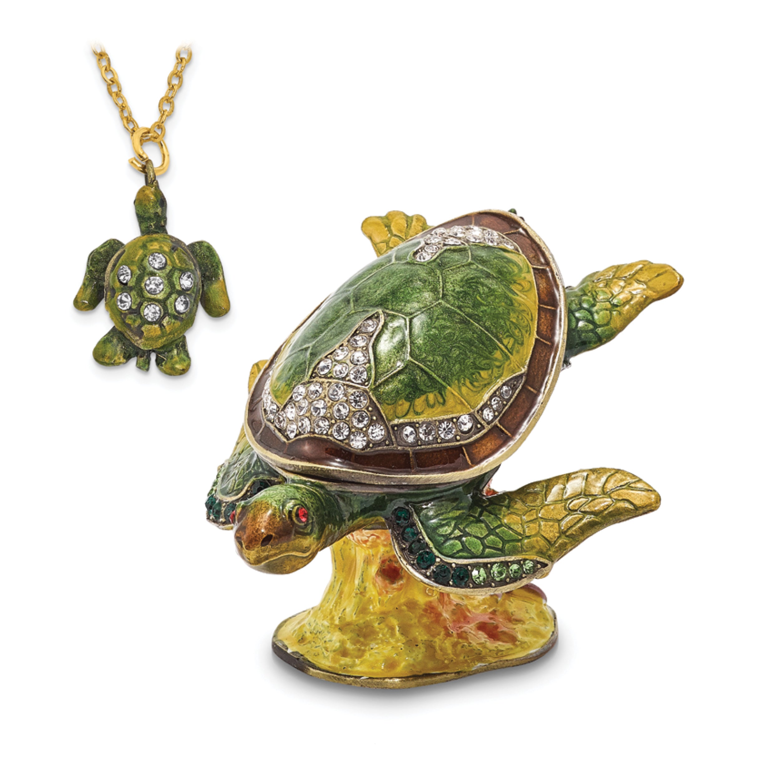 Luxury Giftware Pewter Bejeweled Crystals Gold-tone Enameled ROXY Reef Dweller Sea Turtle Trinket Box with Matching 18 Inch Necklace