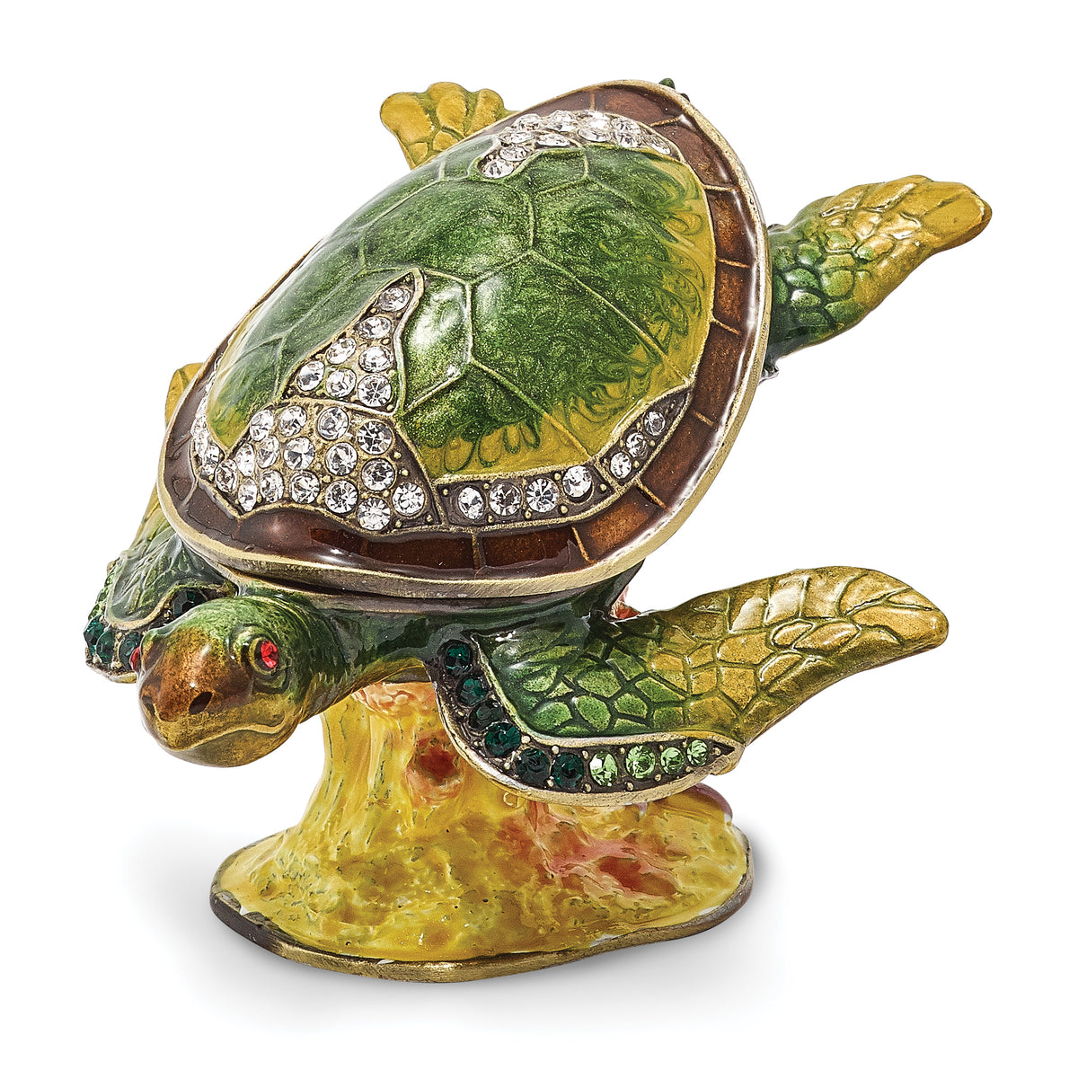 Luxury Giftware Pewter Bejeweled Crystals Gold-tone Enameled ROXY Reef Dweller Sea Turtle Trinket Box with Matching 18 Inch Necklace