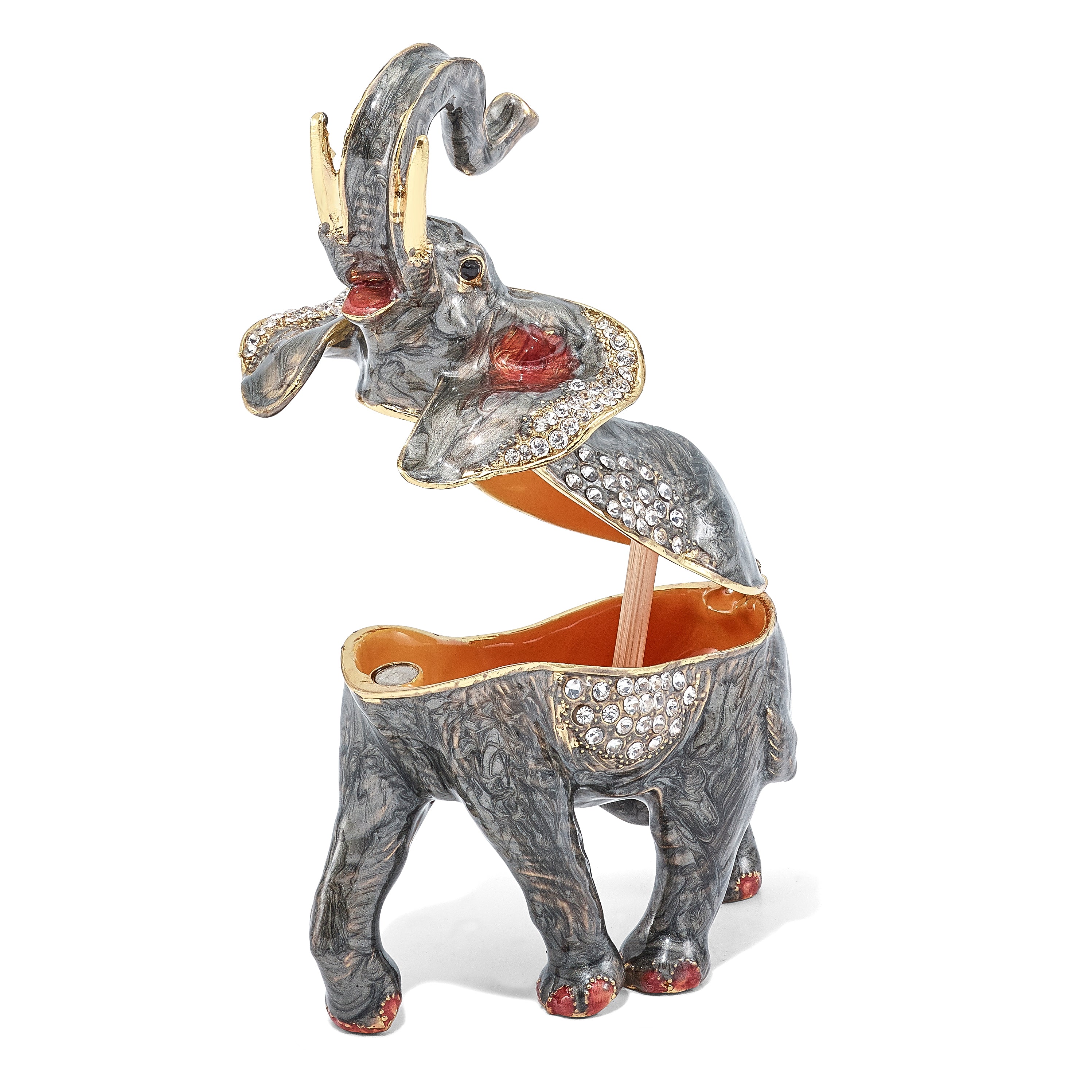 Luxury Giftware Pewter Bejeweled Crystals Gold-tone Enameled ZARA Trumpeting Elephant Trinket Box with Matching 18 Inch Necklace