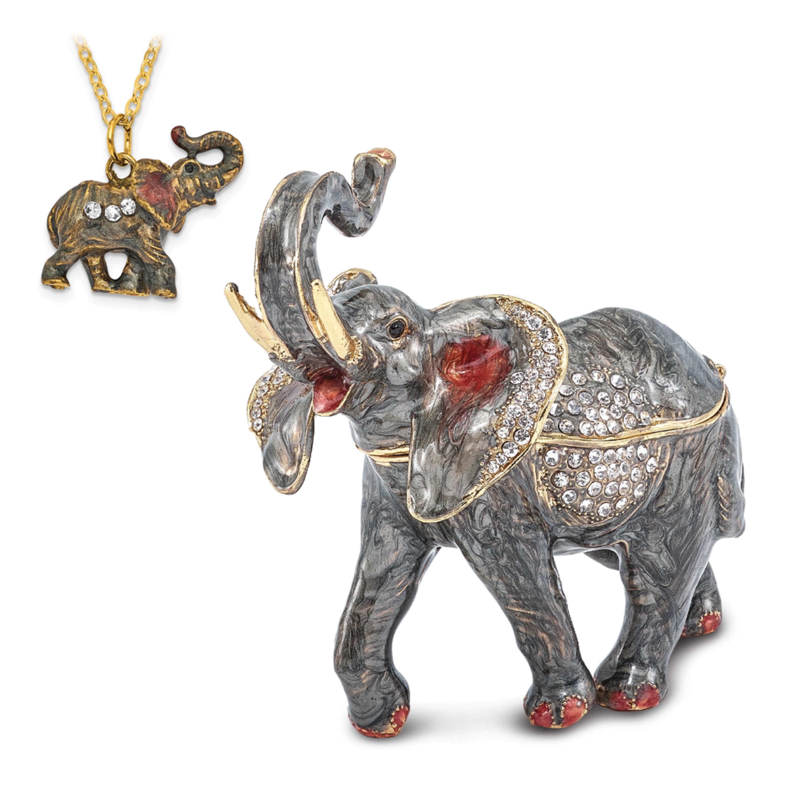 Luxury Giftware Pewter Bejeweled Crystals Gold-tone Enameled ZARA Trumpeting Elephant Trinket Box with Matching 18 Inch Necklace