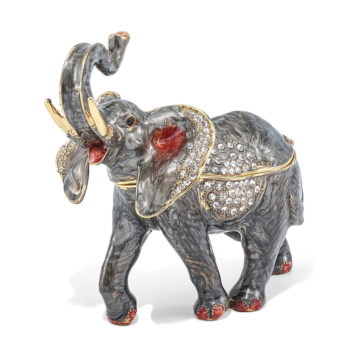 Luxury Giftware Pewter Bejeweled Crystals Gold-tone Enameled ZARA Trumpeting Elephant Trinket Box with Matching 18 Inch Necklace