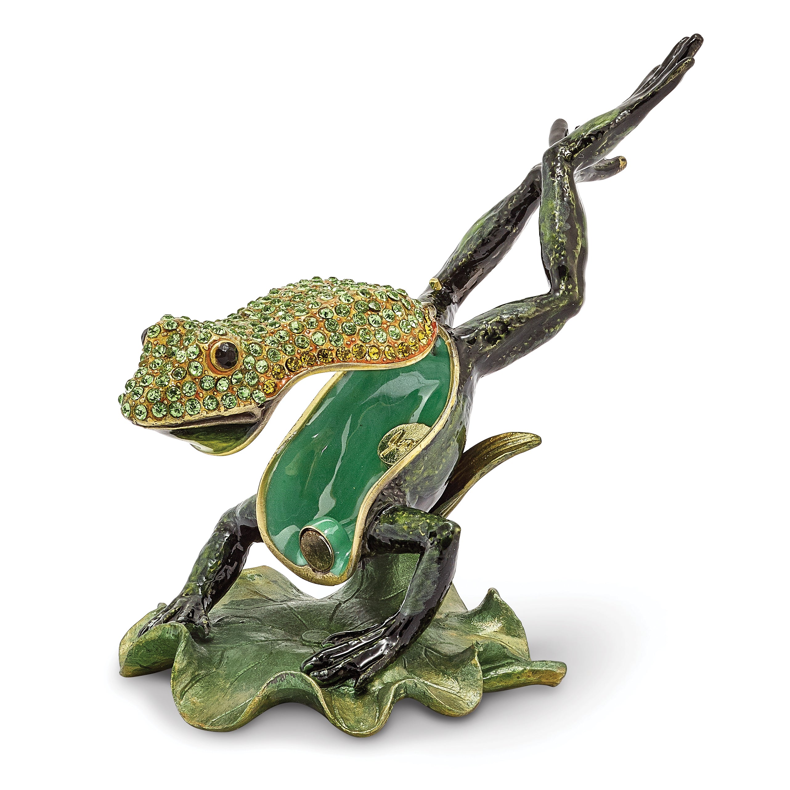 Luxury Giftware Pewter Bejeweled Crystals Gold-tone Enameled CLEM HOPPER Diving Frog Trinket Box with Matching 18 Inch Necklace