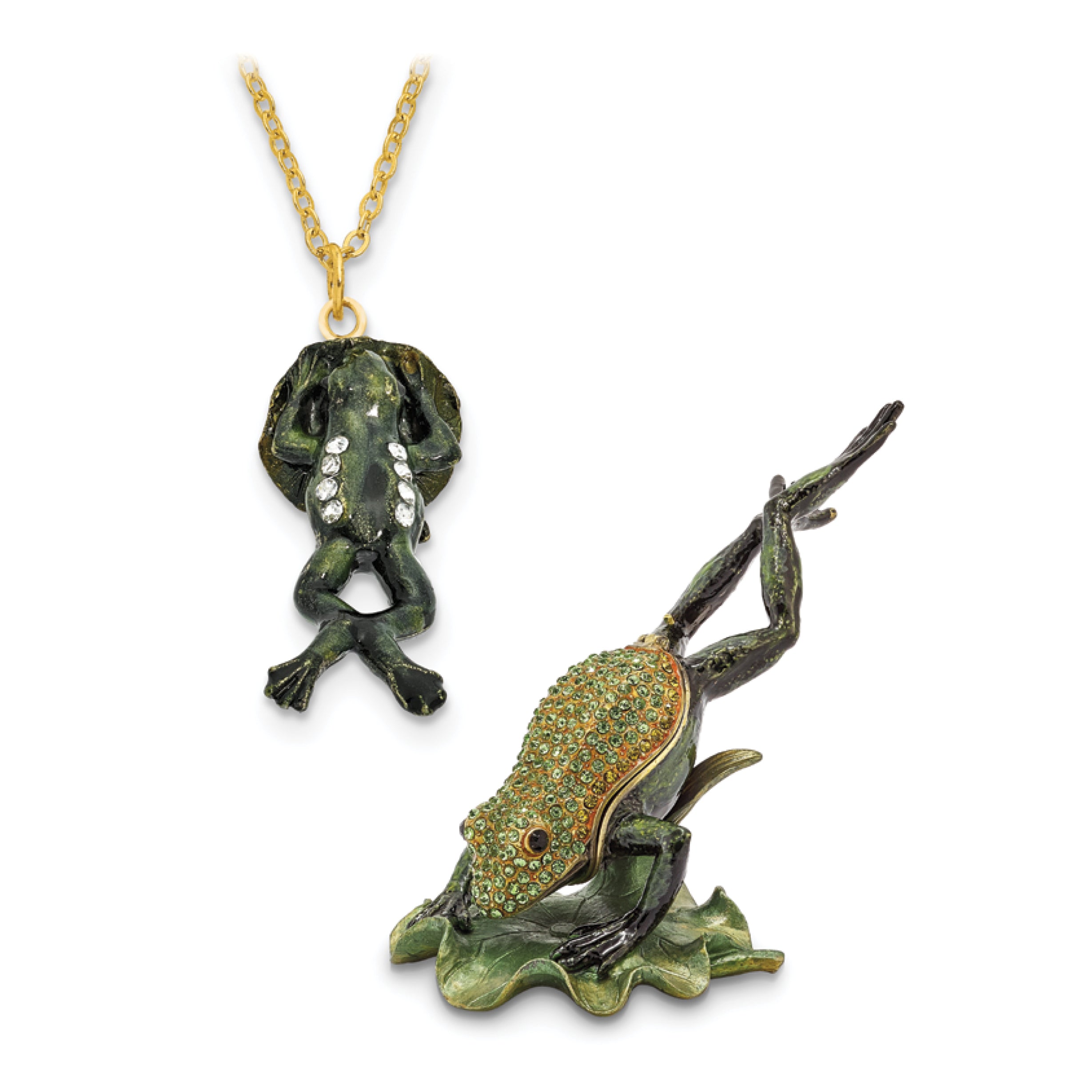 Luxury Giftware Pewter Bejeweled Crystals Gold-tone Enameled CLEM HOPPER Diving Frog Trinket Box with Matching 18 Inch Necklace