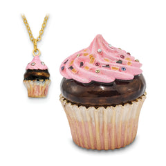 Luxury Giftware Pewter Bejeweled Crystals Gold-tone Enameled BERRIES 'N CREME Chocolate Cupcake Trinket Box with Matching 18 Inch Necklace