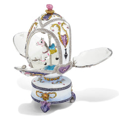 Luxury Giftware Pewter Bejeweled Crystals Silver-tone Enameled MERRY-GO-ROUND Carousel (Plays It's A Small World) Musical Egg with Matching 18 Inch Necklace