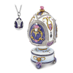 Luxury Giftware Pewter Bejeweled Crystals Silver-tone Enameled MERRY-GO-ROUND Carousel (Plays It's A Small World) Musical Egg with Matching 18 Inch Necklace