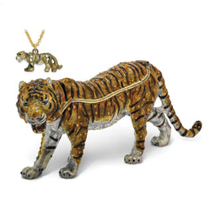 Luxury Giftware Pewter Bejeweled Crystals Gold-tone Enameled BENNY Large Bengal Tiger Trinket Box with Matching 18 Inch Necklace