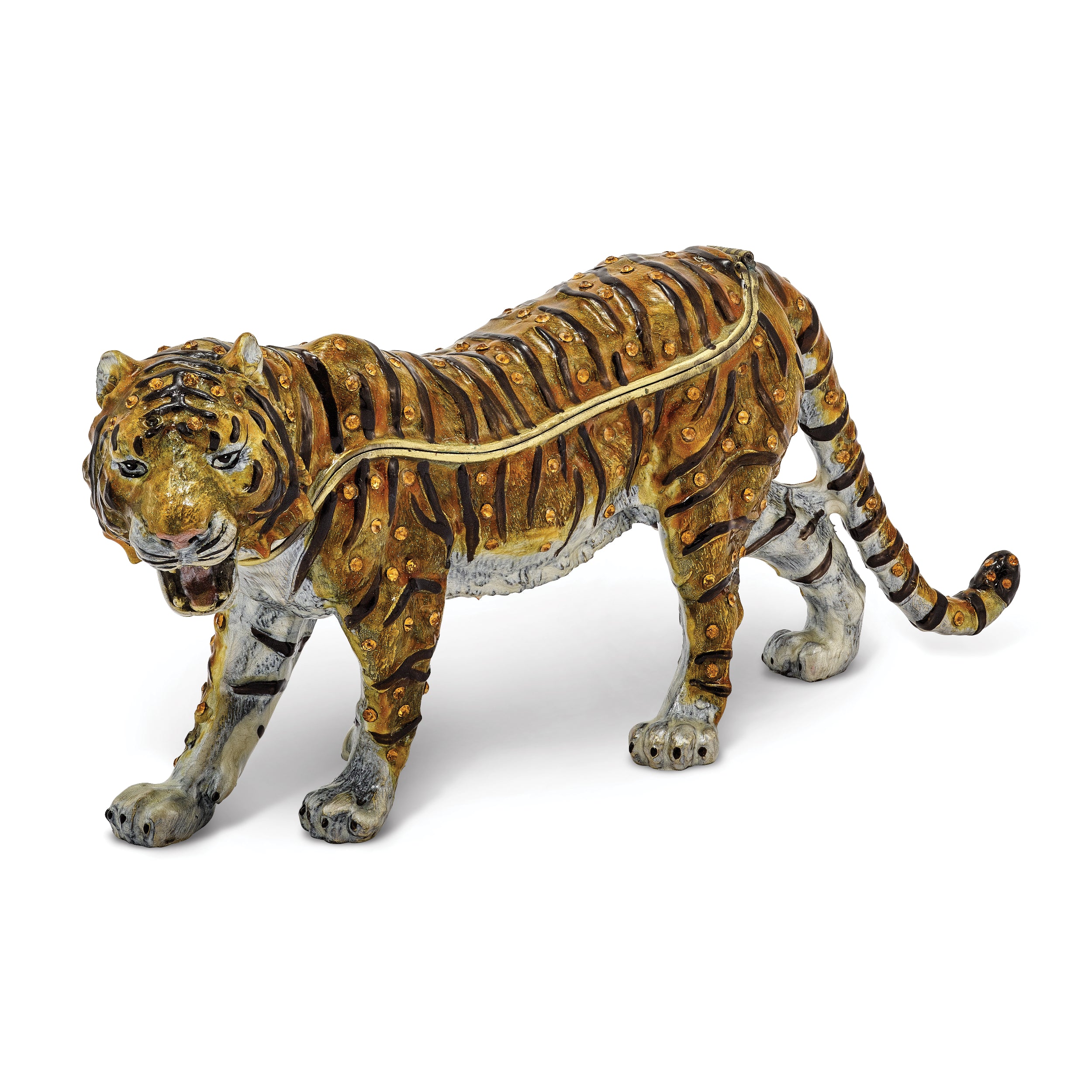 Luxury Giftware Pewter Bejeweled Crystals Gold-tone Enameled BENNY Large Bengal Tiger Trinket Box with Matching 18 Inch Necklace