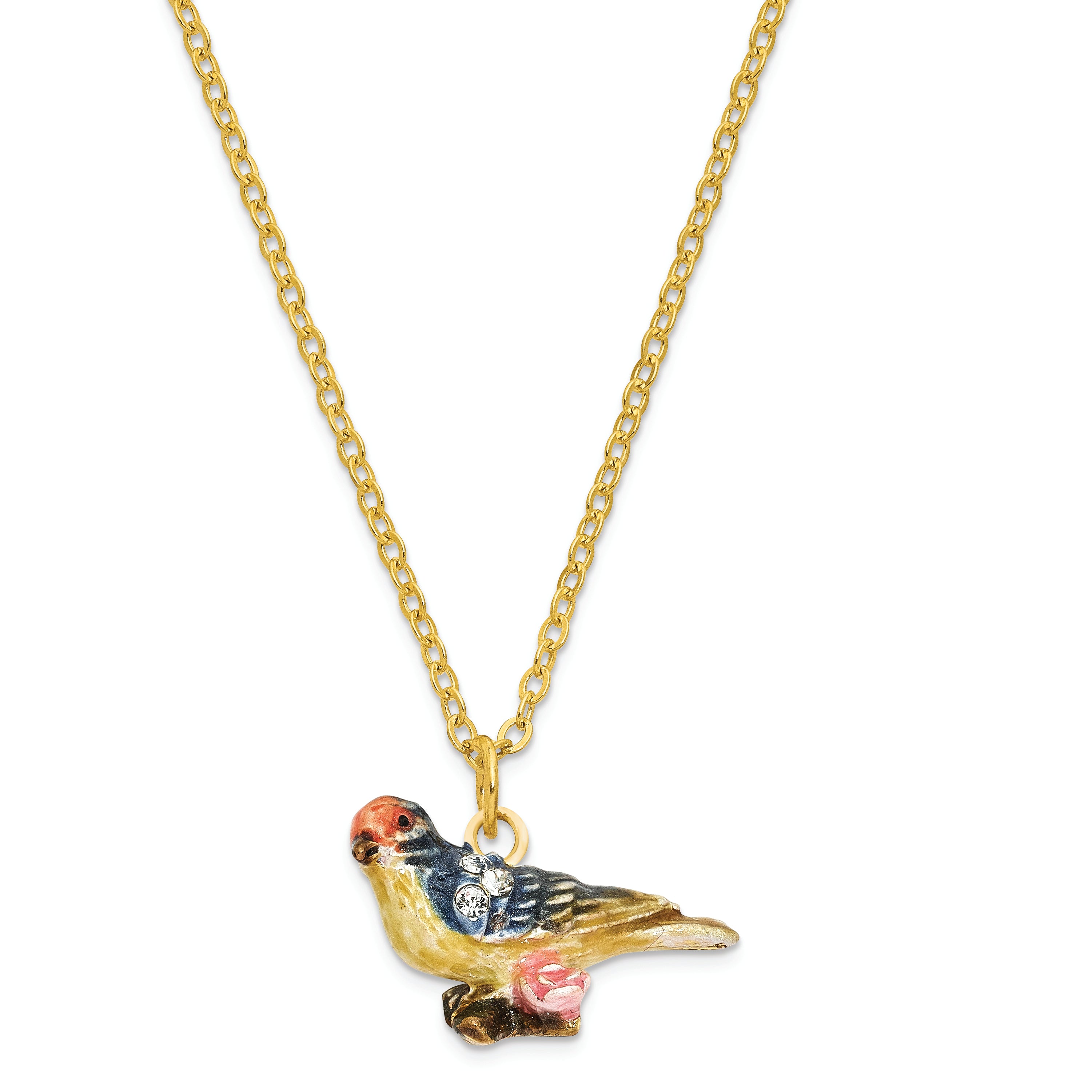 Luxury Giftware Pewter Bejeweled Crystals Gold-tone Enameled LADY BLUEBIRD Trinket Box with Matching 18 Inch Necklace