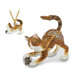 Luxury Giftware Pewter Bejeweled Crystals Gold-tone Enameled THOM & JERE Cat & Mouse Trinket Box with Matching 18 Inch Necklace