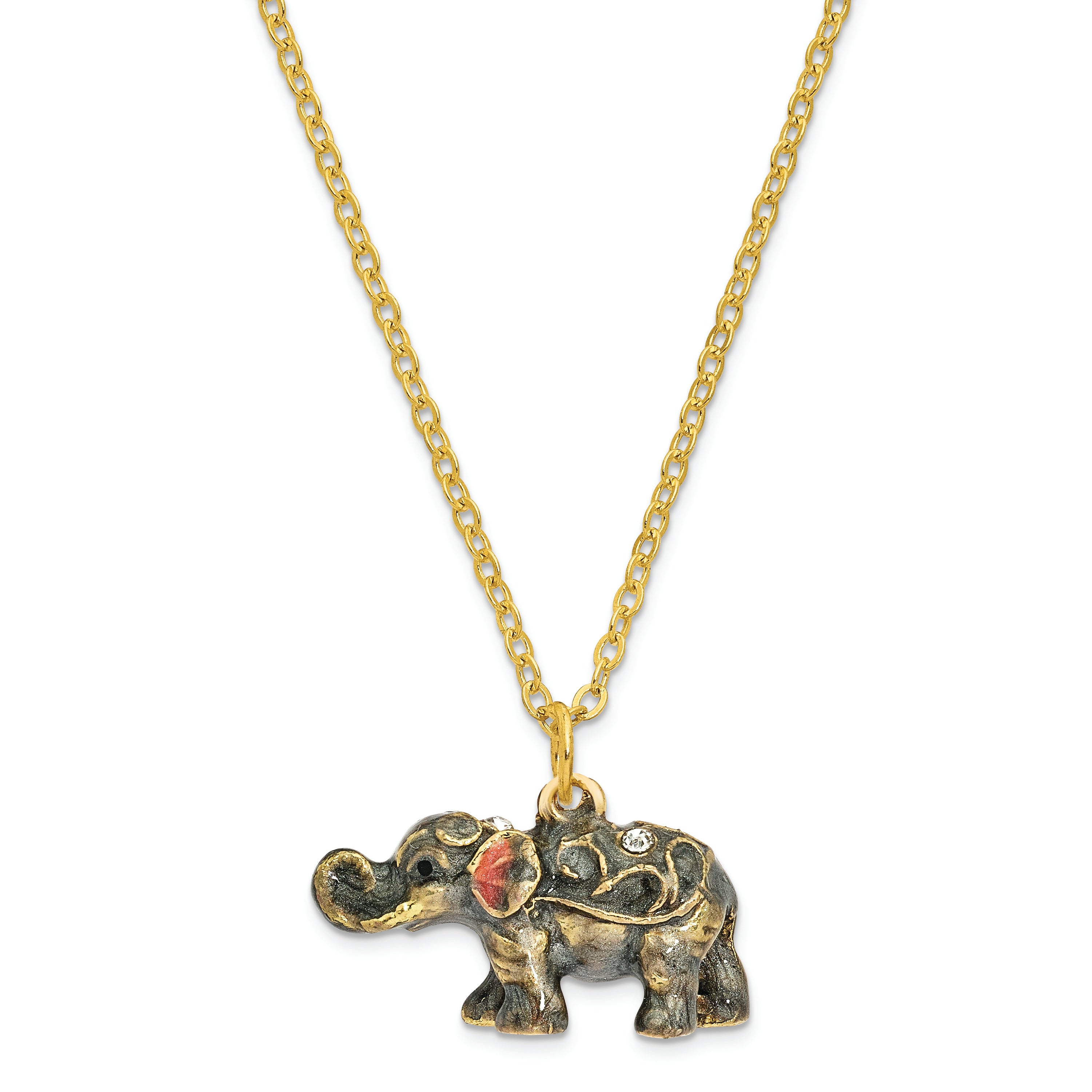 Luxury Giftware Pewter Bejeweled Crystals Gold-tone Enameled PRINCESS JAIPUR Elephant Trinket Box with Matching 18 Inch Necklace