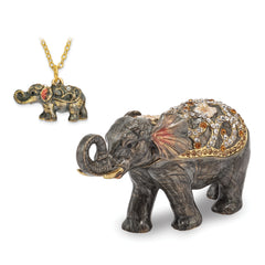 Luxury Giftware Pewter Bejeweled Crystals Gold-tone Enameled PRINCESS JAIPUR Elephant Trinket Box with Matching 18 Inch Necklace