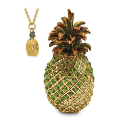 Luxury Giftware Pewter Bejeweled Crystals Gold-tone Enameled ALL WELCOME Crystal Pineapple Trinket Box with Matching 18 Inch Necklace