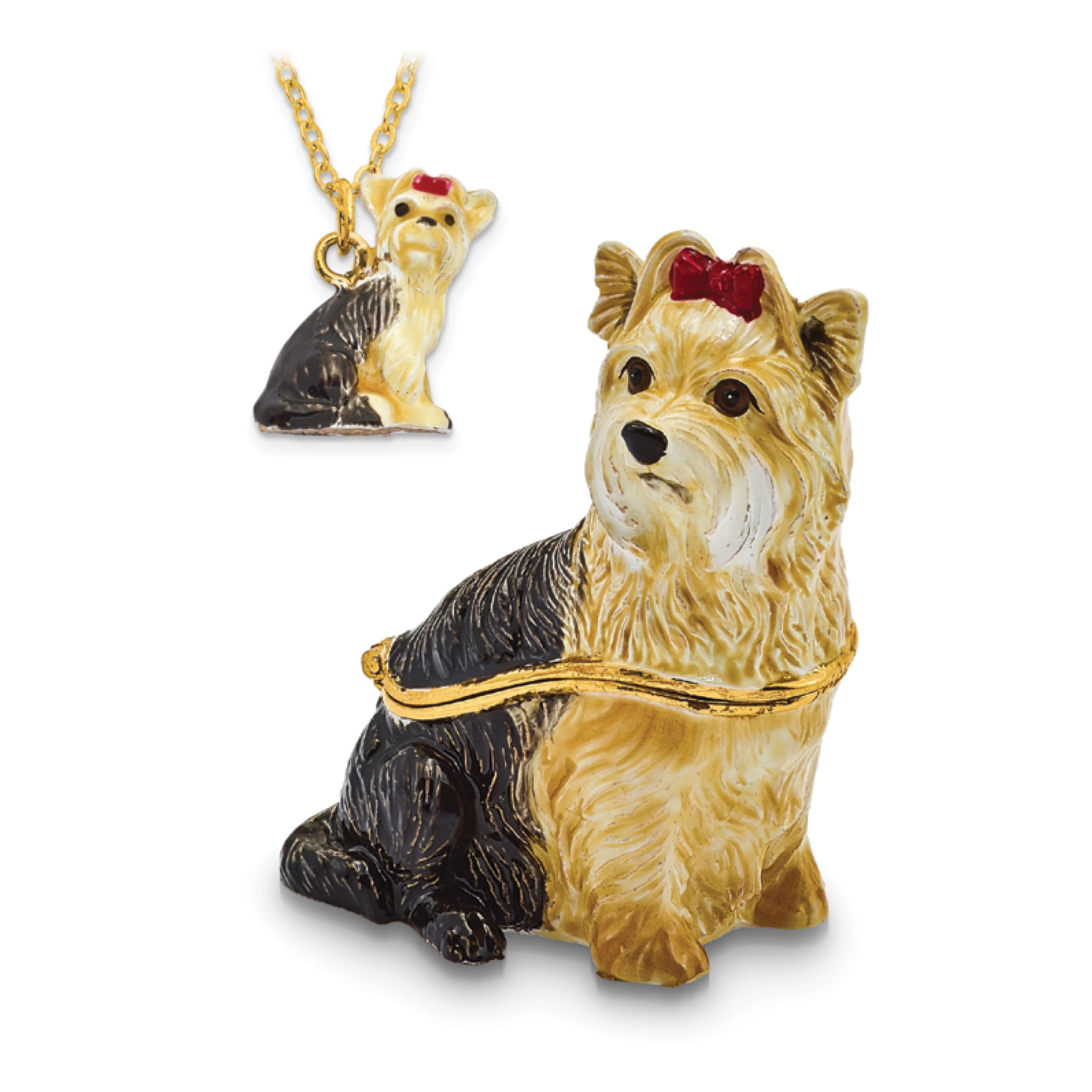 Luxury Giftware Pewter Bejeweled Crystals Gold-tone Enameled KIMBERLY Yorkshire Terrier Trinket Box with Matching 18 Inch Necklace