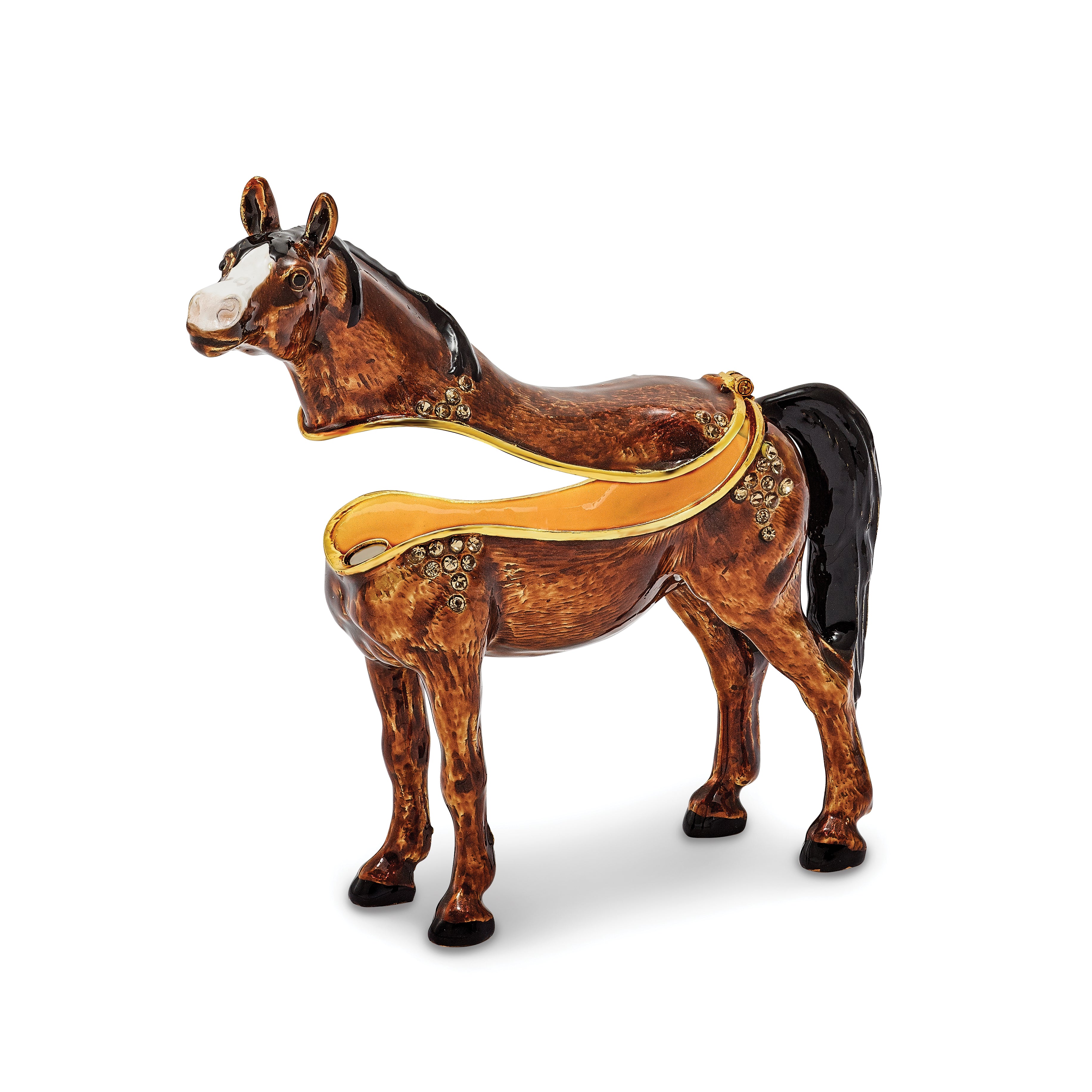 Luxury Giftware Pewter Bejeweled Crystals Gold-tone Enameled HARRIET Brown Horse Trinket Box with Matching 18 Inch Necklace