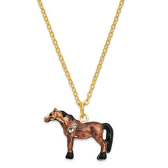 Luxury Giftware Pewter Bejeweled Crystals Gold-tone Enameled HARRIET Brown Horse Trinket Box with Matching 18 Inch Necklace