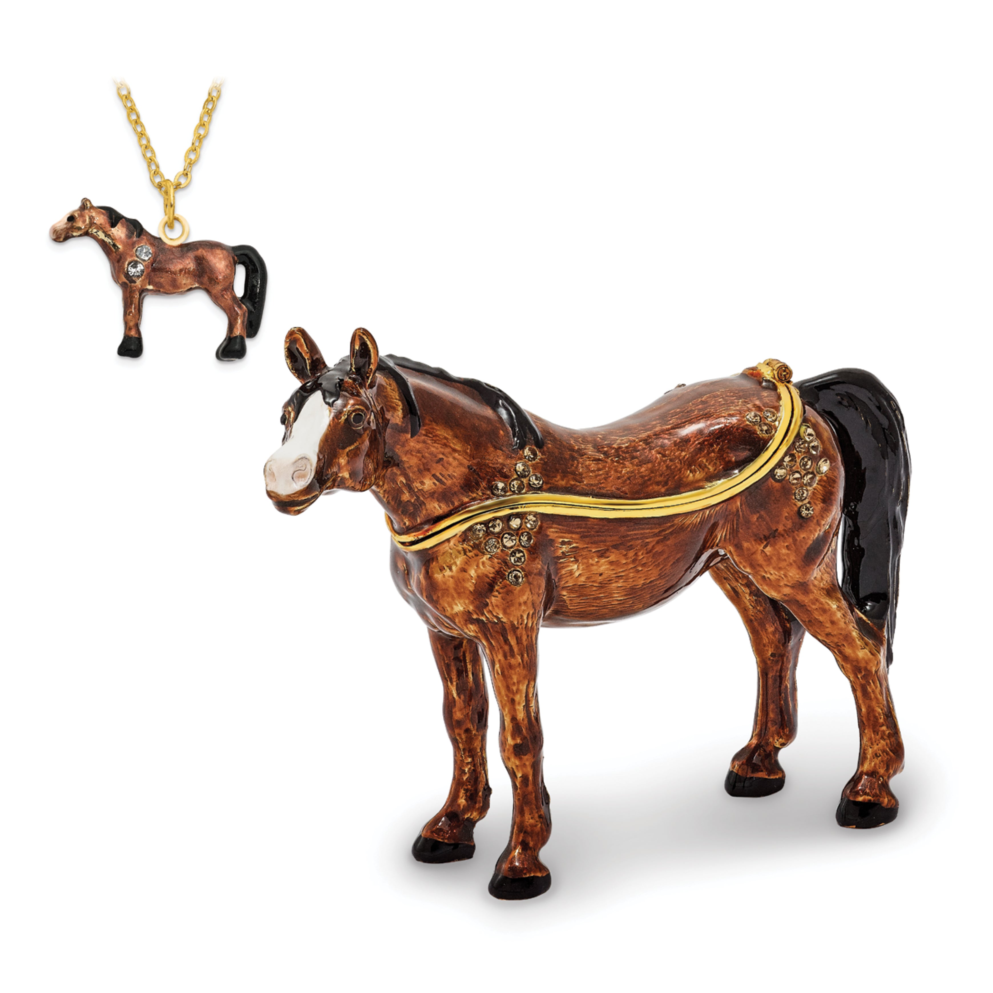 Luxury Giftware Pewter Bejeweled Crystals Gold-tone Enameled HARRIET Brown Horse Trinket Box with Matching 18 Inch Necklace