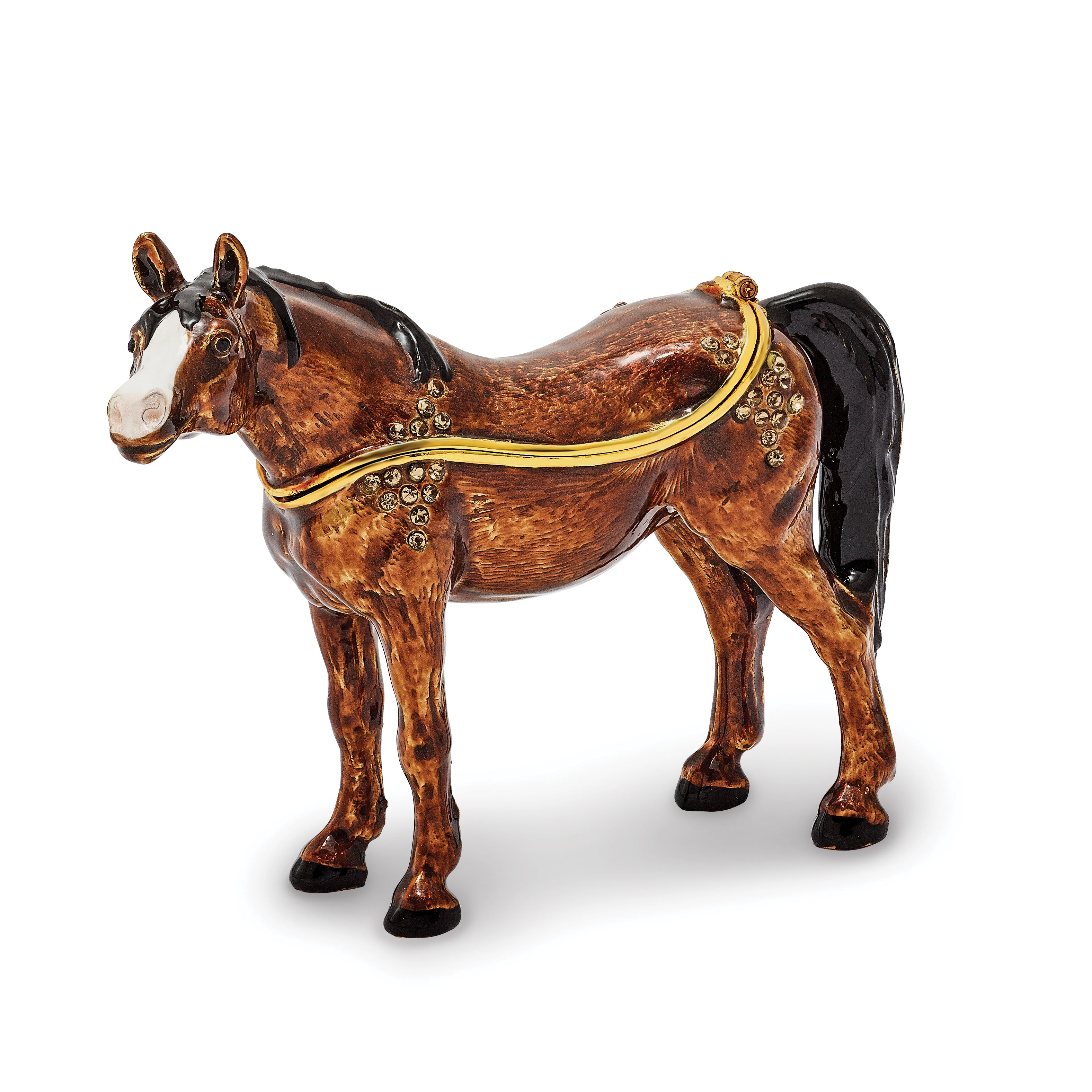 Luxury Giftware Pewter Bejeweled Crystals Gold-tone Enameled HARRIET Brown Horse Trinket Box with Matching 18 Inch Necklace