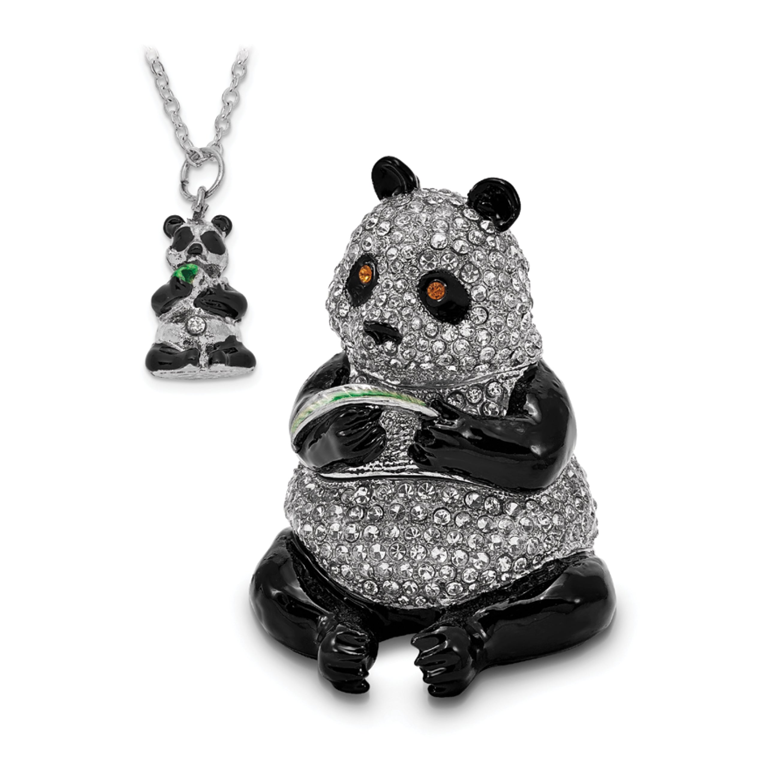 Luxury Giftware Pewter Bejeweled Crystals Silver-tone Enameled LING LING Panda Bear w/Leaf Trinket Box with Matching 18 Inch Necklace