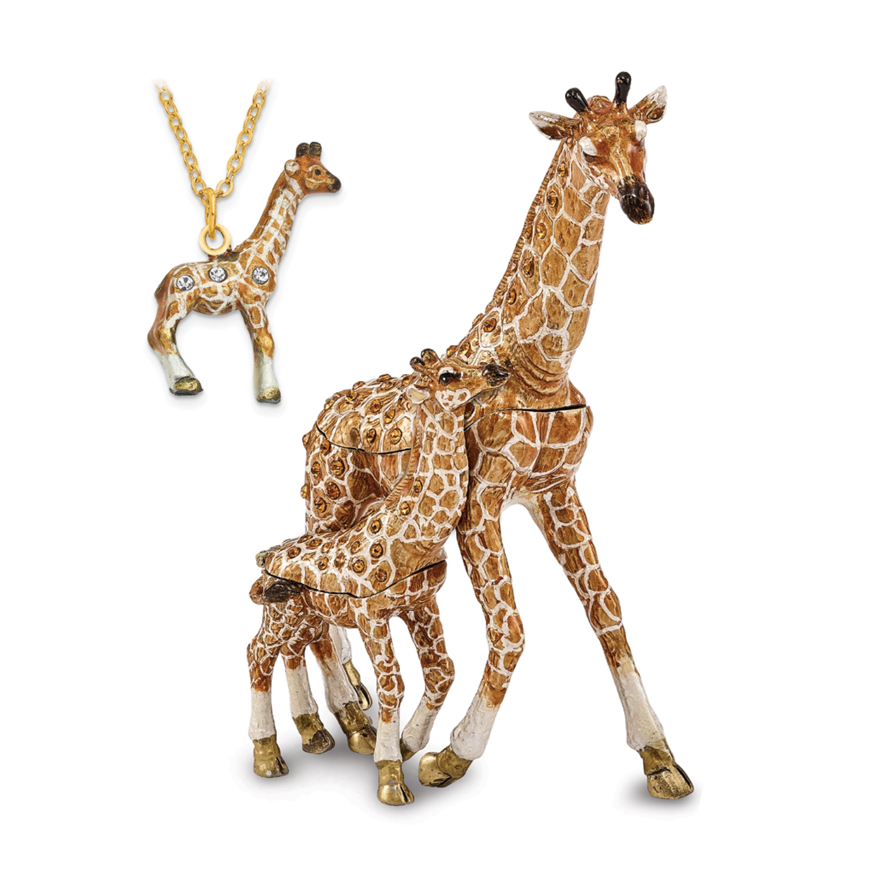 Luxury Giftware Pewter Bejeweled Crystals Gold-tone Enameled GINA & GEORGIE Mother & Baby Giraffes Trinket Box with Matching 18 Inch Necklace