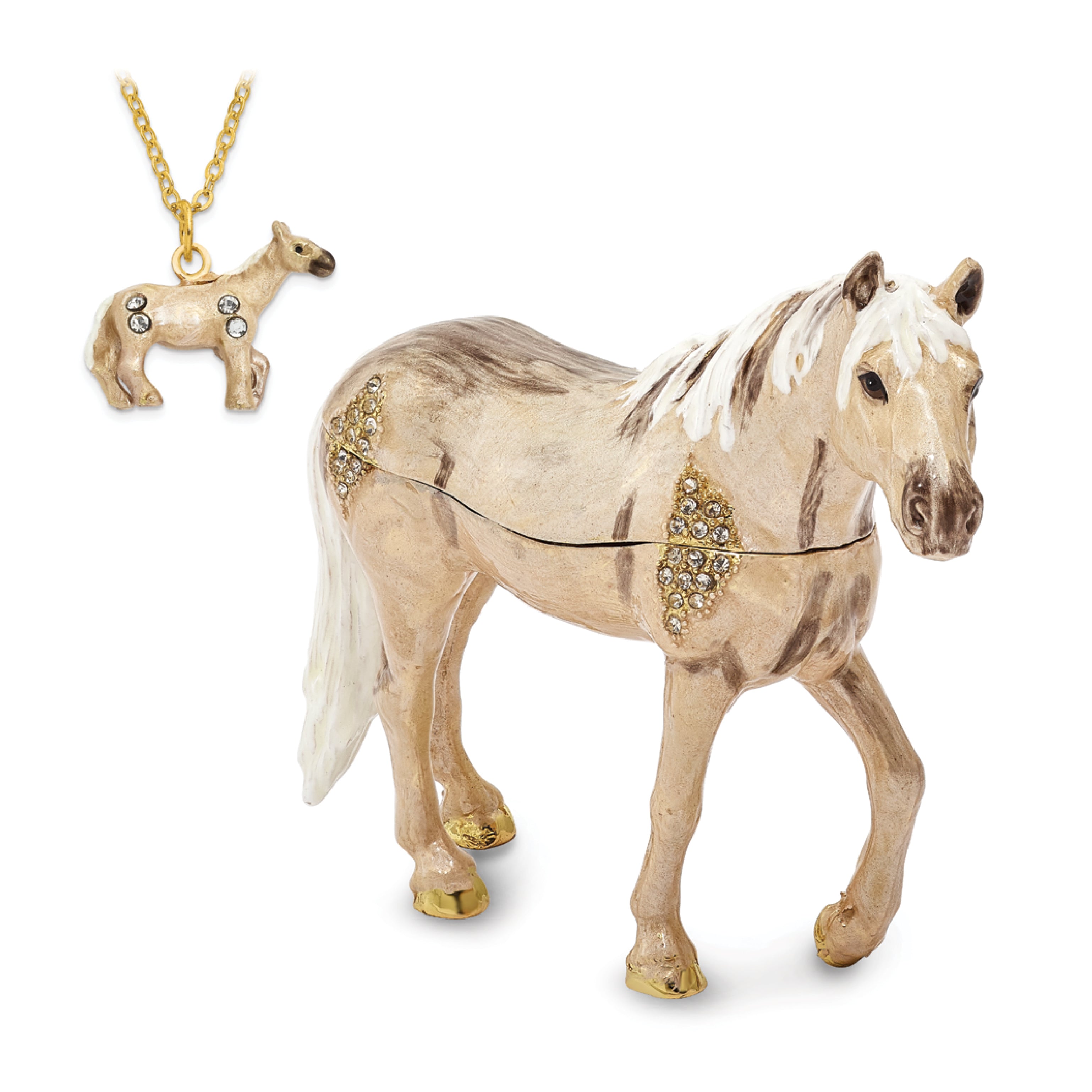 Luxury Giftware Pewter Bejeweled Crystals Gold-tone Enameled WILD 'N FREE Pony Trinket Box with Matching 18 Inch Necklace