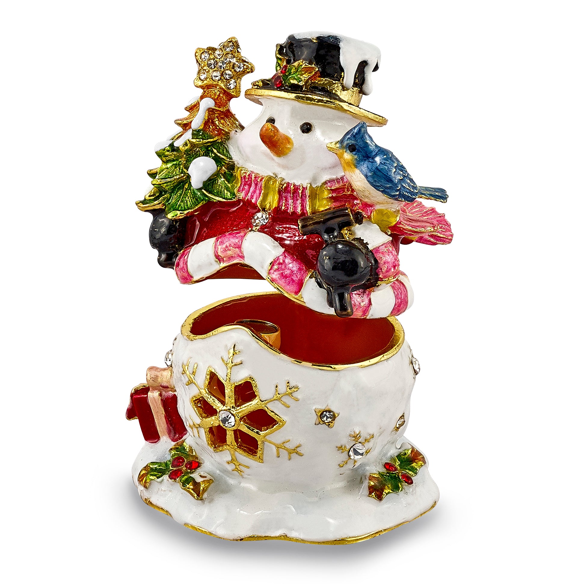 Luxury Giftware Pewter Bejeweled Crystals Gold-tone Enameled HOLLY JOLLY Snowman Trinket Box with Matching 18 Inch Necklace