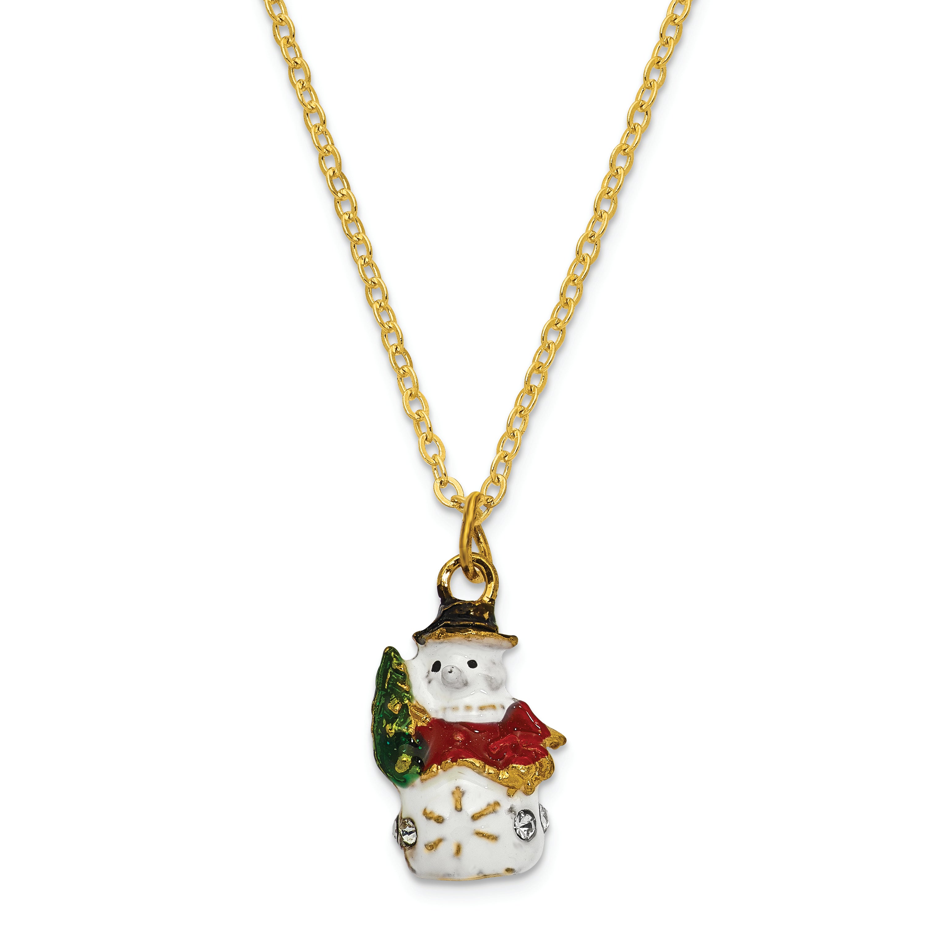 Luxury Giftware Pewter Bejeweled Crystals Gold-tone Enameled HOLLY JOLLY Snowman Trinket Box with Matching 18 Inch Necklace