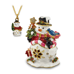 Luxury Giftware Pewter Bejeweled Crystals Gold-tone Enameled HOLLY JOLLY Snowman Trinket Box with Matching 18 Inch Necklace