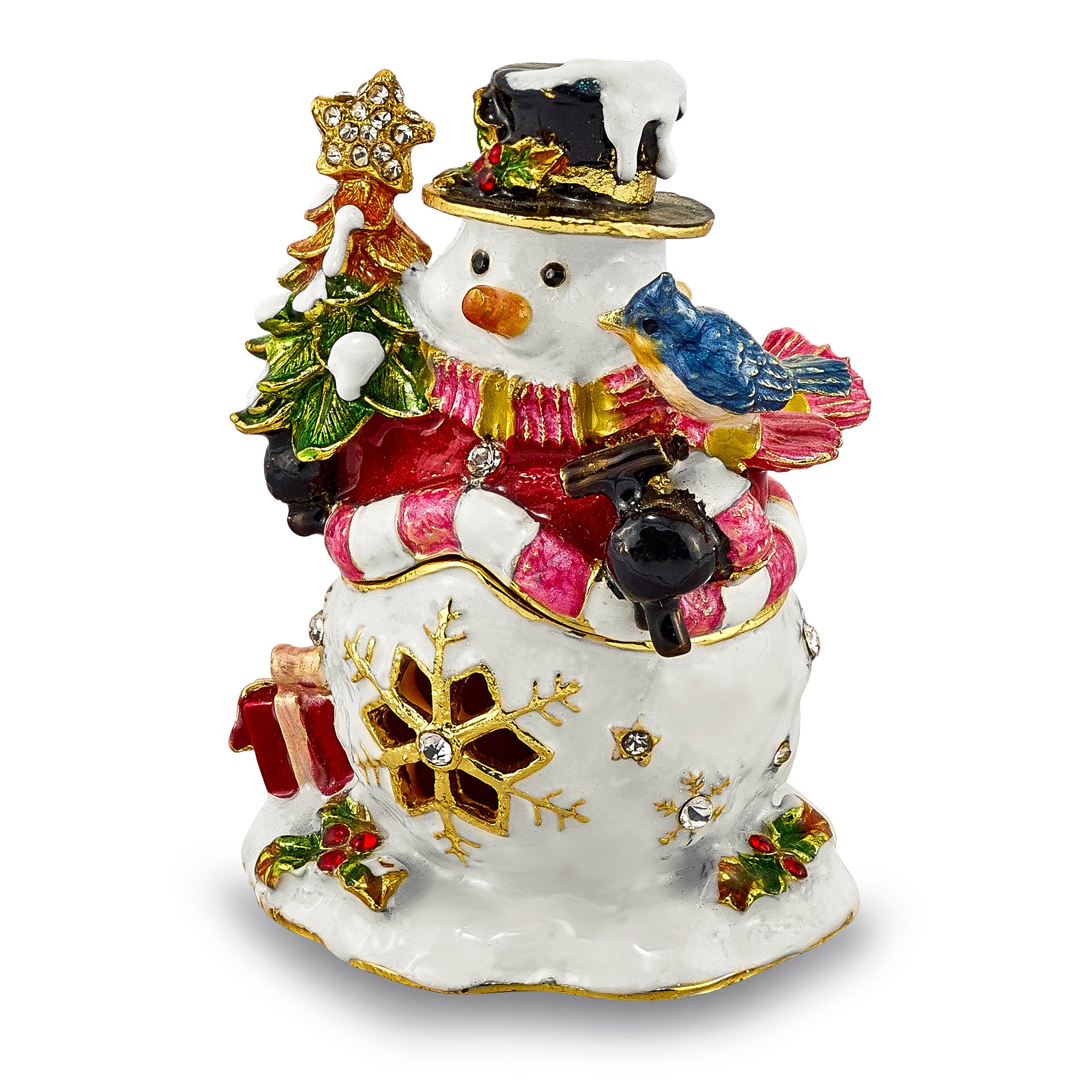 Luxury Giftware Pewter Bejeweled Crystals Gold-tone Enameled HOLLY JOLLY Snowman Trinket Box with Matching 18 Inch Necklace