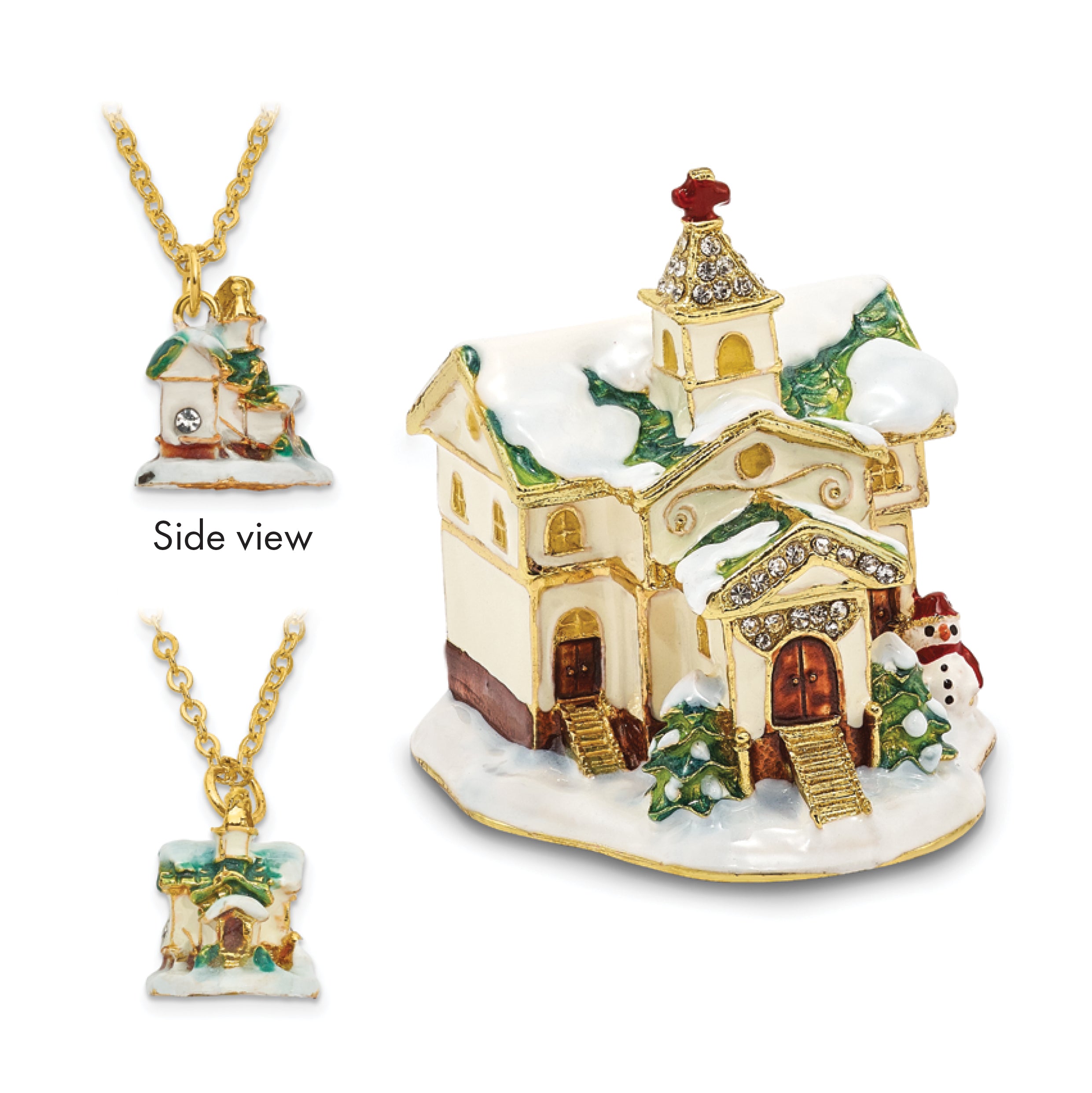 Luxury Giftware Pewter Bejeweled Crystals Gold-tone Enameled REJOICE Winter Church Trinket Box with Matching 18 Inch Necklace